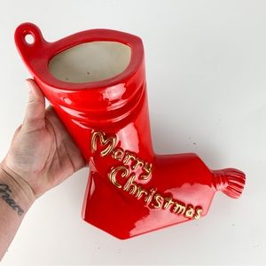 Vintage Handmade Ceramic Merry Christmas Stocking Wall Hanging Planter Pocket